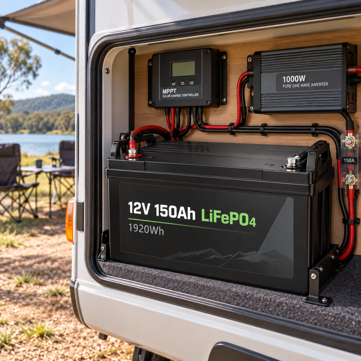 12V 150Ah LiFePO4 battery installed in caravan off-grid solar system