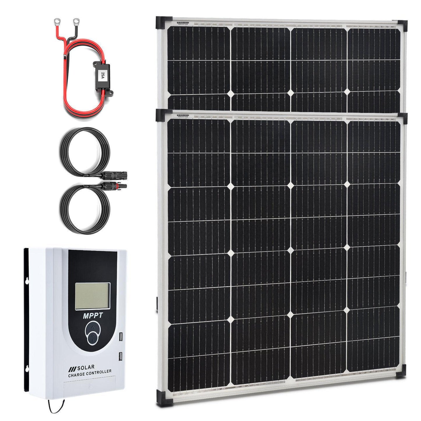 2x 100W 12V VoltX Mono Fixed Camping Solar Panel + 20A MPPT 12/24V Solar Charge Controller USB
