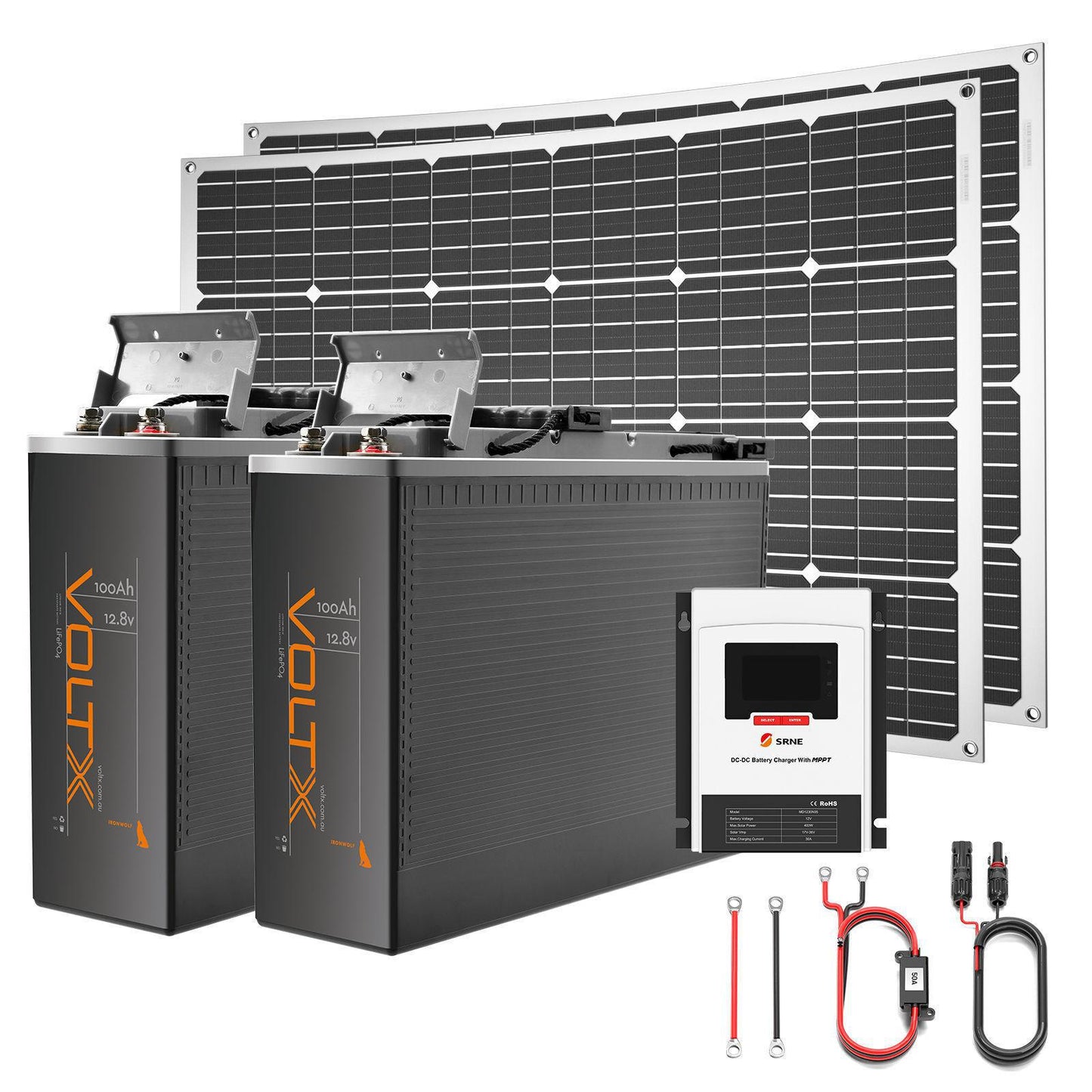 2x 145W 12V Mono Solar Panel + 2x VoltX 12V 100Ah LiFePO4 Slimline Deep Cycle + 30A Solar Charge Controller