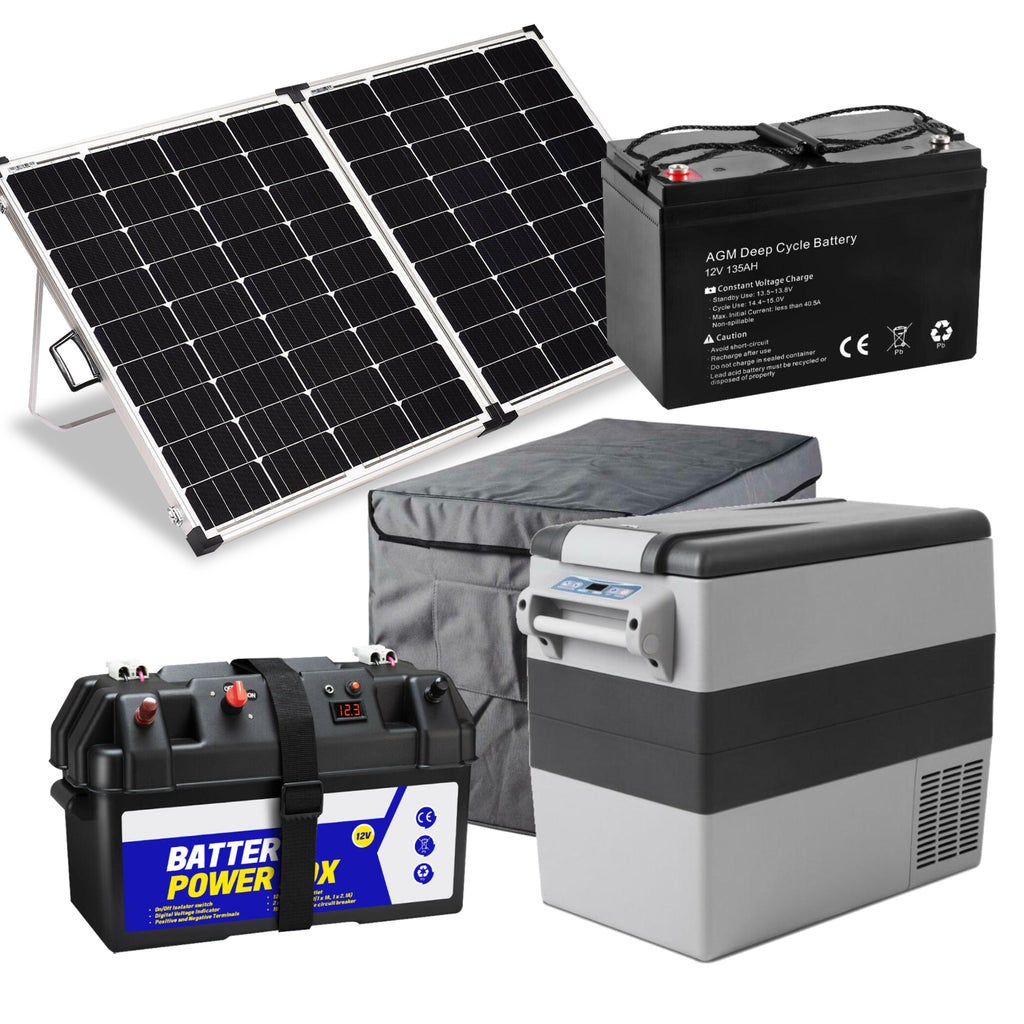 300W Folding Solar Panel Kit + 135AH Deep Cycle Battery + 55 Litre Fridge/Freezer