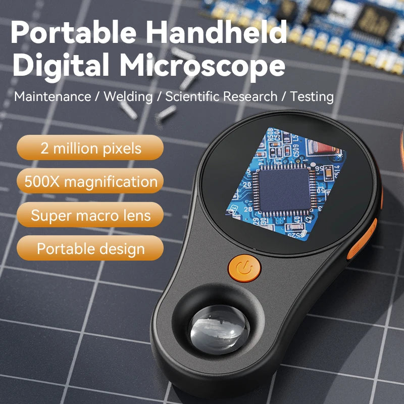 500X handheld digital microscope with 2-inch display and LED lighting – feature overview