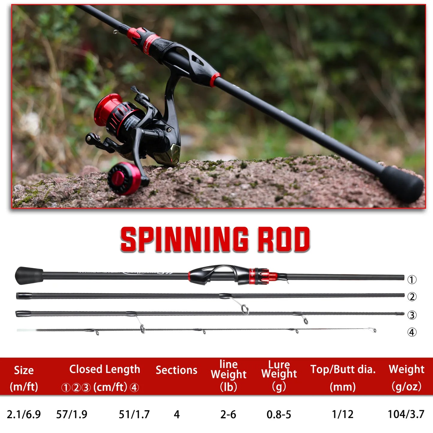 Sougayilang Bait Casting Fishing Rod 2.1m UltraLight Carbon Fiber Rod Pole 4 Section with EVA Handle