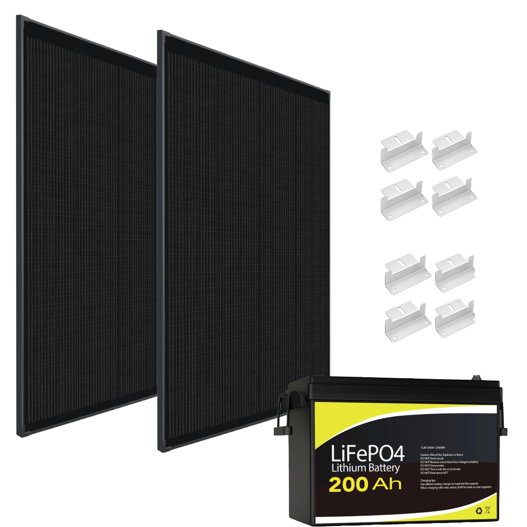 2× 500W 12V Mono Shingled Solar Panels + 200Ah LiFePO₄ Lithium Battery + 2× Z-Bracket Mounting Sets Caravan Camping 4WD RV