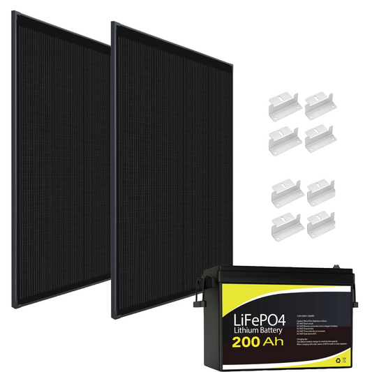 2× 500W 12V Mono Shingled Solar Panels + 200Ah LiFePO₄ Lithium Battery + 2× Z-Bracket Mounting Sets Caravan Camping 4WD RV