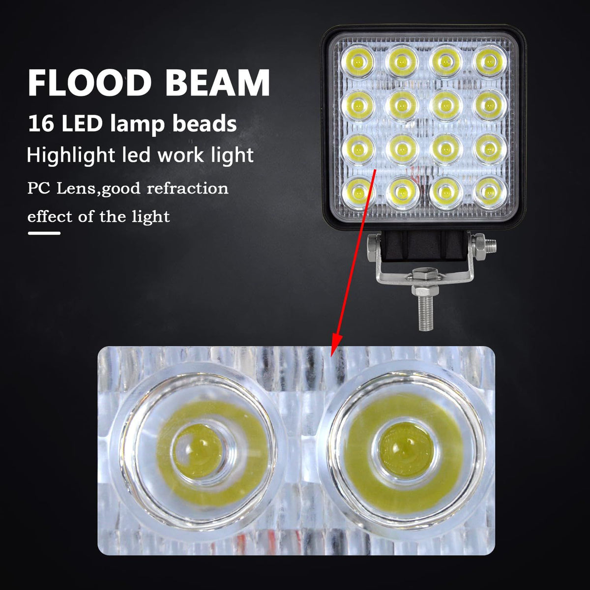 Pair 4-Inch Square LED Flood Work Lights | 4WD, SUV & Boat – product view 2