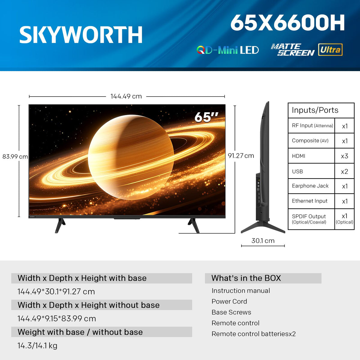 SKYWORTH 65X6600H 65-Inch QD-Mini LED 4K Google TV – product view 2