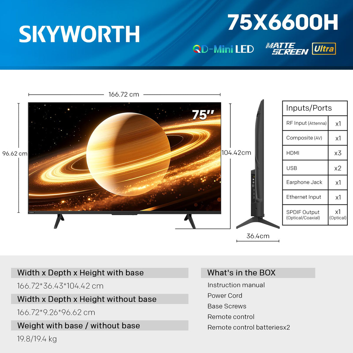 SKYWORTH 75X6600H 75-Inch QD-Mini LED 4K Google TV – product view 2