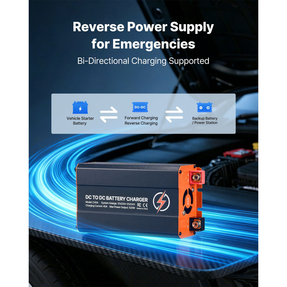 VEVOR 40A 520W DC-DC Battery Charger 12V/24V | RV & 4WD – product view 4