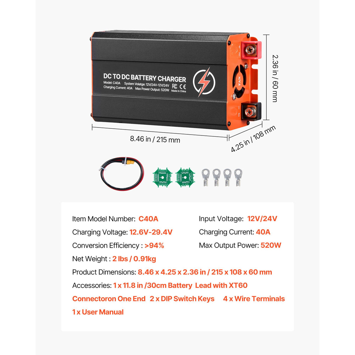 VEVOR 40A 520W DC-DC Battery Charger 12V/24V | RV & 4WD – product view 7