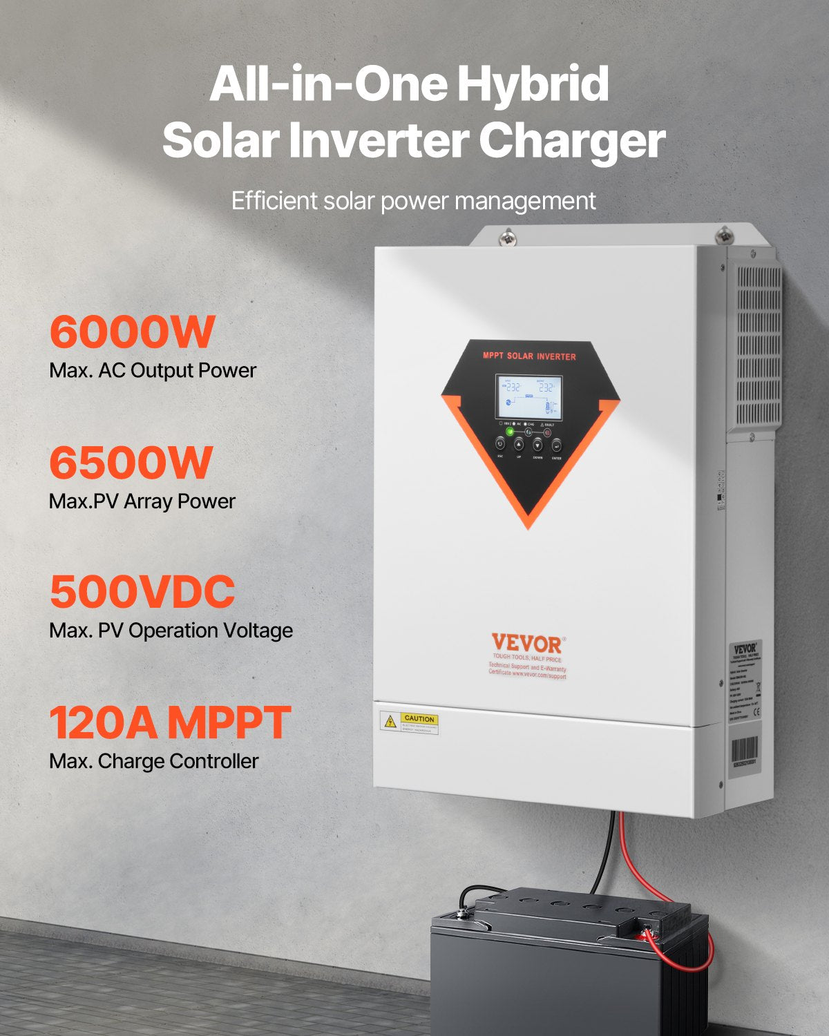 VEVOR Hybrid Solar Inverter, 6000W, All in One Pure Sine Wave Power Inverter Charger, 220V AC, with Built-in 120A MPPT Solar Charger Controller, for Off-Grid System Lead Acid Lithium Battery