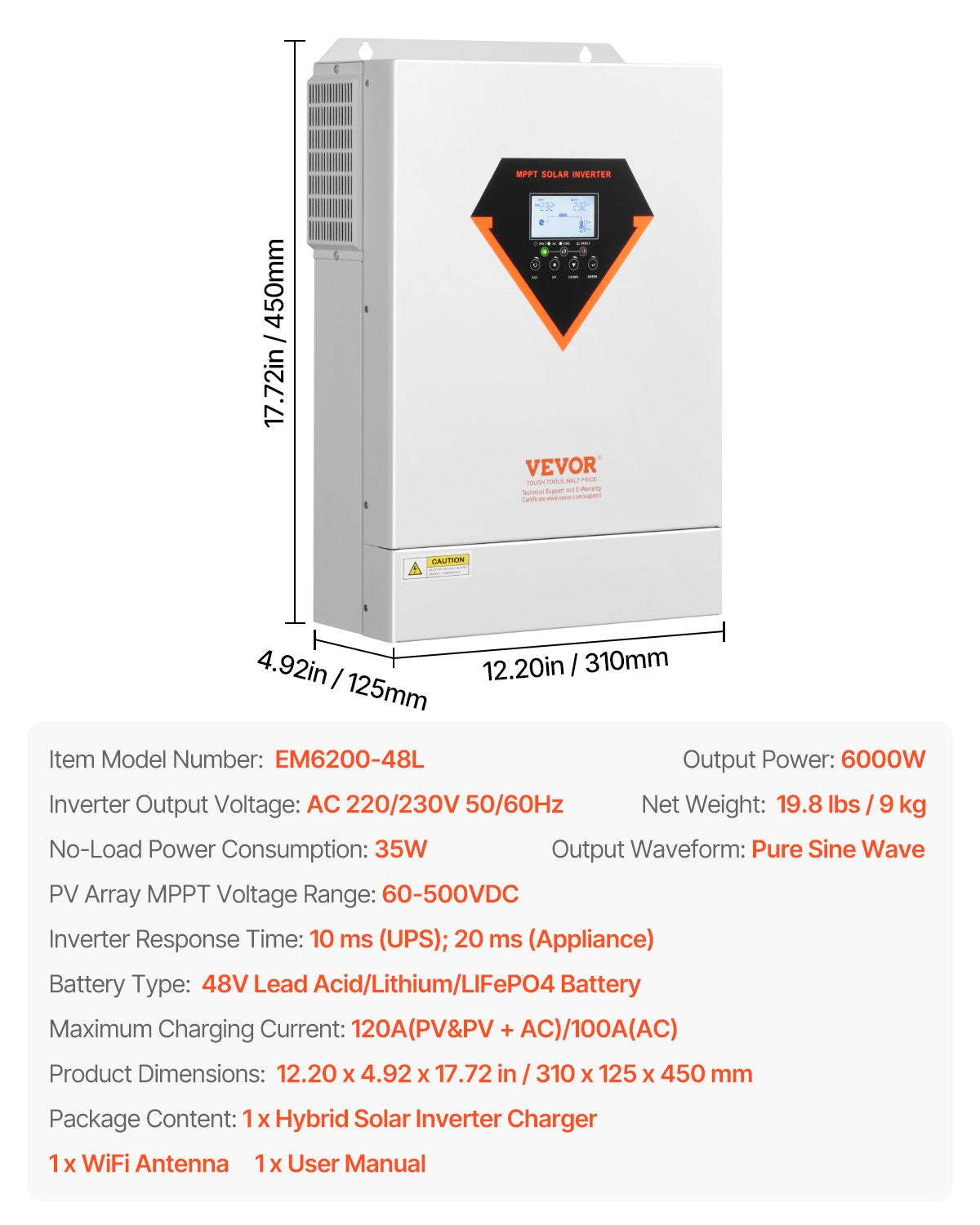 VEVOR Hybrid Solar Inverter, 6000W, All in One Pure Sine Wave Power Inverter Charger, 220V AC, with Built-in 120A MPPT Solar Charger Controller, for Off-Grid System Lead Acid Lithium Battery