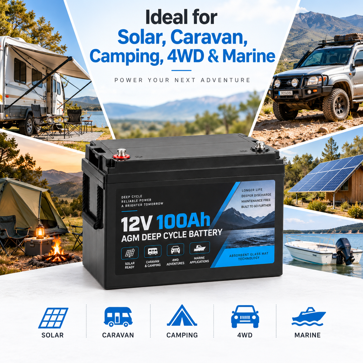 AGM deep cycle battery applications for solar caravan camping 4WD and marine use