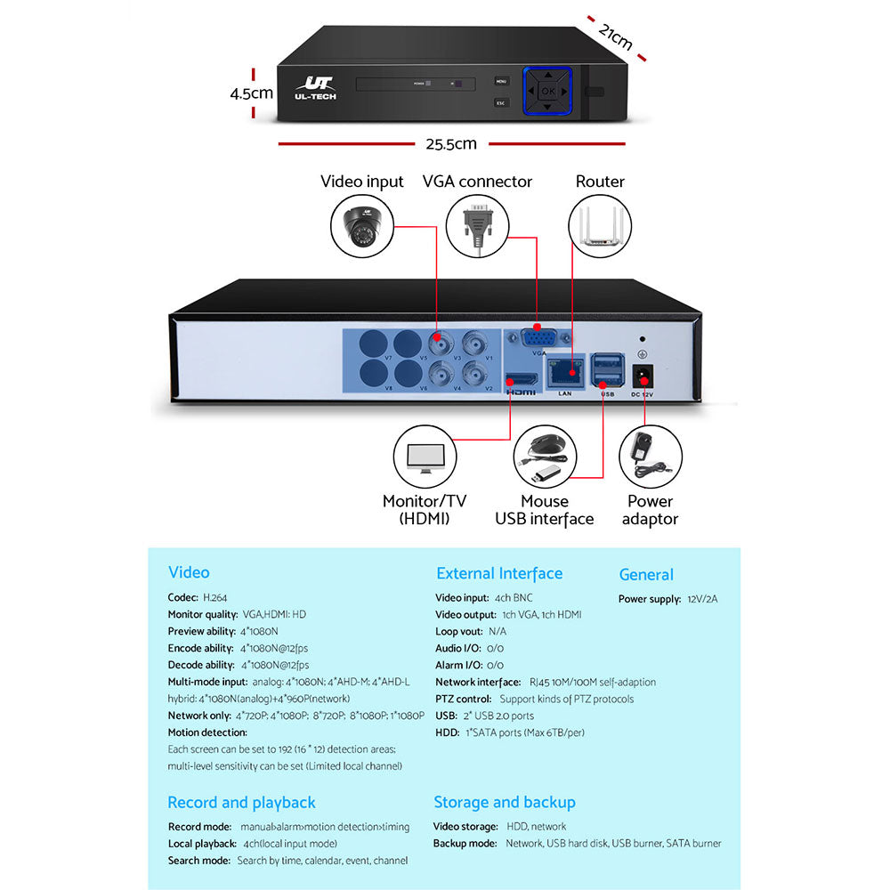 UL-TECH 1080P Security Camera System 4CH DVR with 4 CCTV Dome Cameras - additional product photo