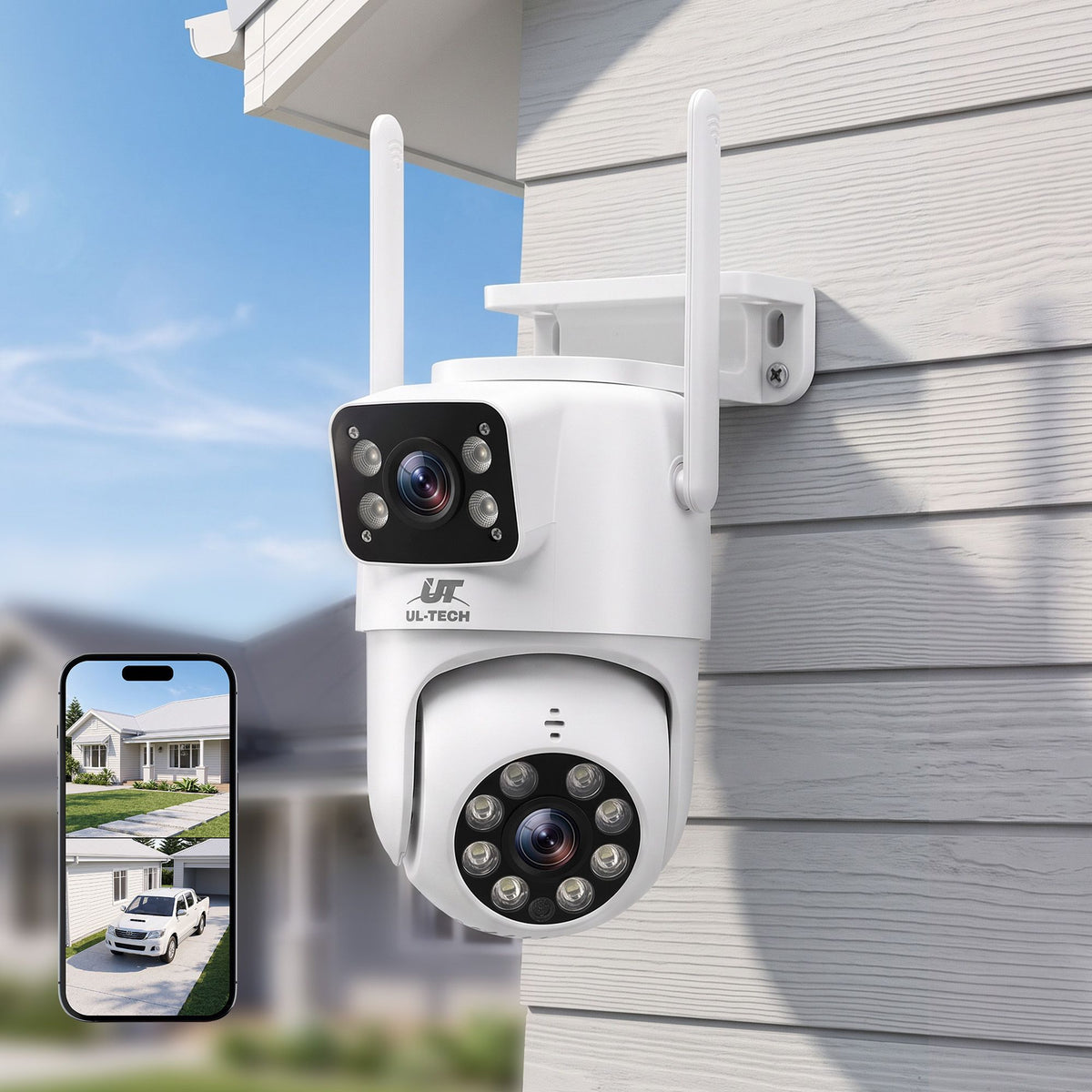 UL-Tech Wireless Security Camera Outdoor Indoor, 2.5K Dual Lens Pan Tilt, 4MP (2×2MP) IP Camera, Motion Detection, Auto-Tracking, Colour Night Vision, 2.4G WiFi, Two-Way Audio, Pet Baby Surveillance - product photo