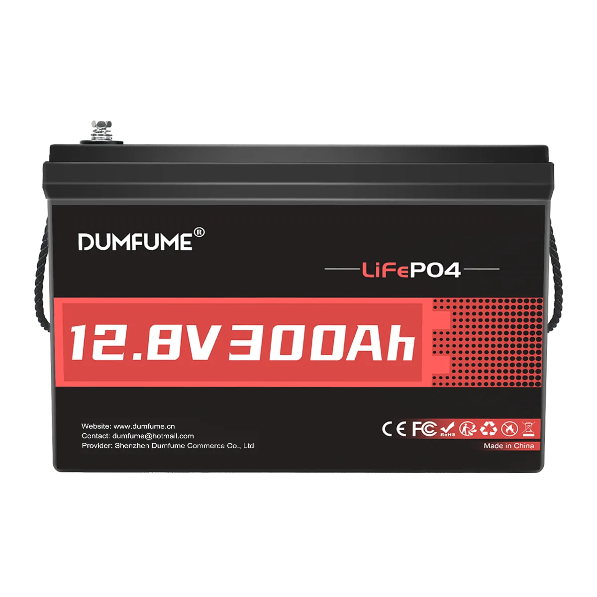 Dumfume 12.8V 300Ah LiFePO4 deep cycle battery with built-in 200A BMS