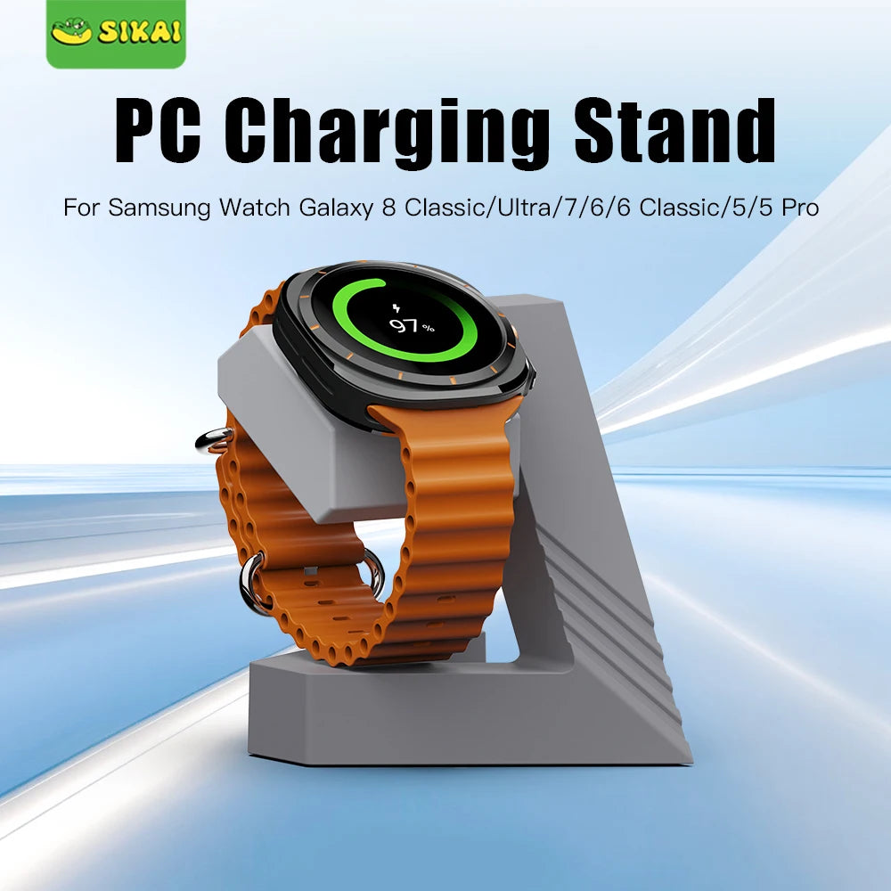 Samsung Galaxy Watch displayed on geometric charging stand