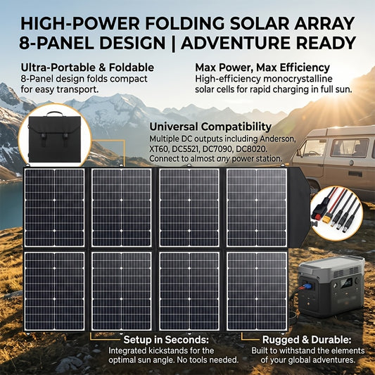Portable foldable monocrystalline solar panel with stand and carry handle for camping, caravan and RV use