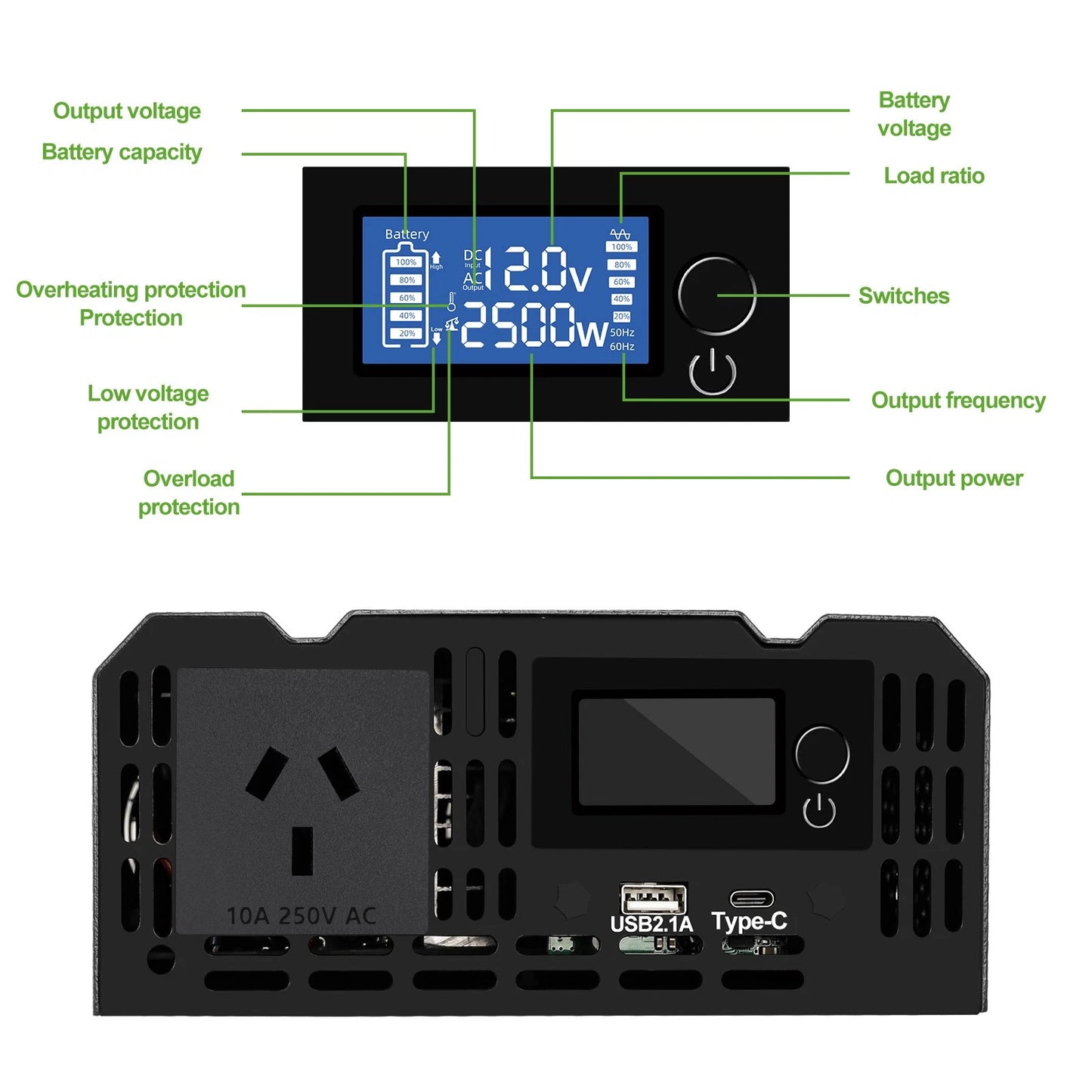 2500W 12V–240V Pure Sine Wave Power Inverter Caravan Camping 4WD