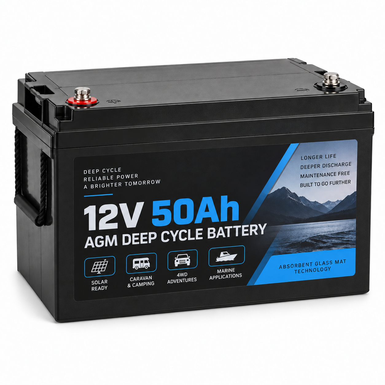 12V 50Ah AGM deep cycle battery for solar caravan camping and marine use