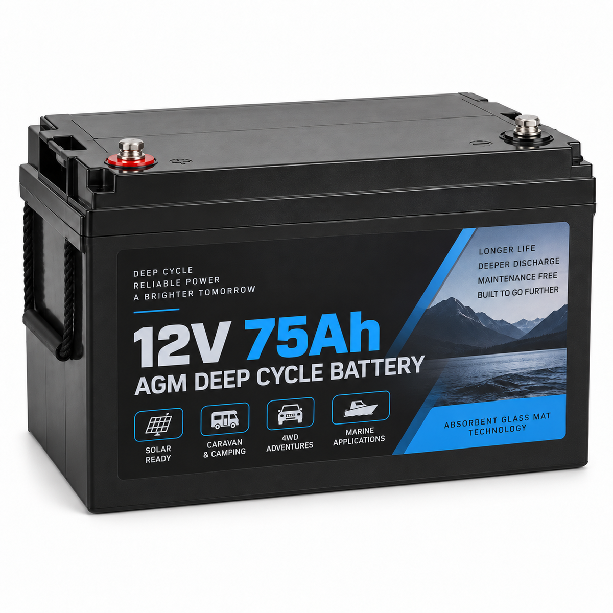 12V 75Ah AGM deep cycle battery for solar caravan camping and marine use
