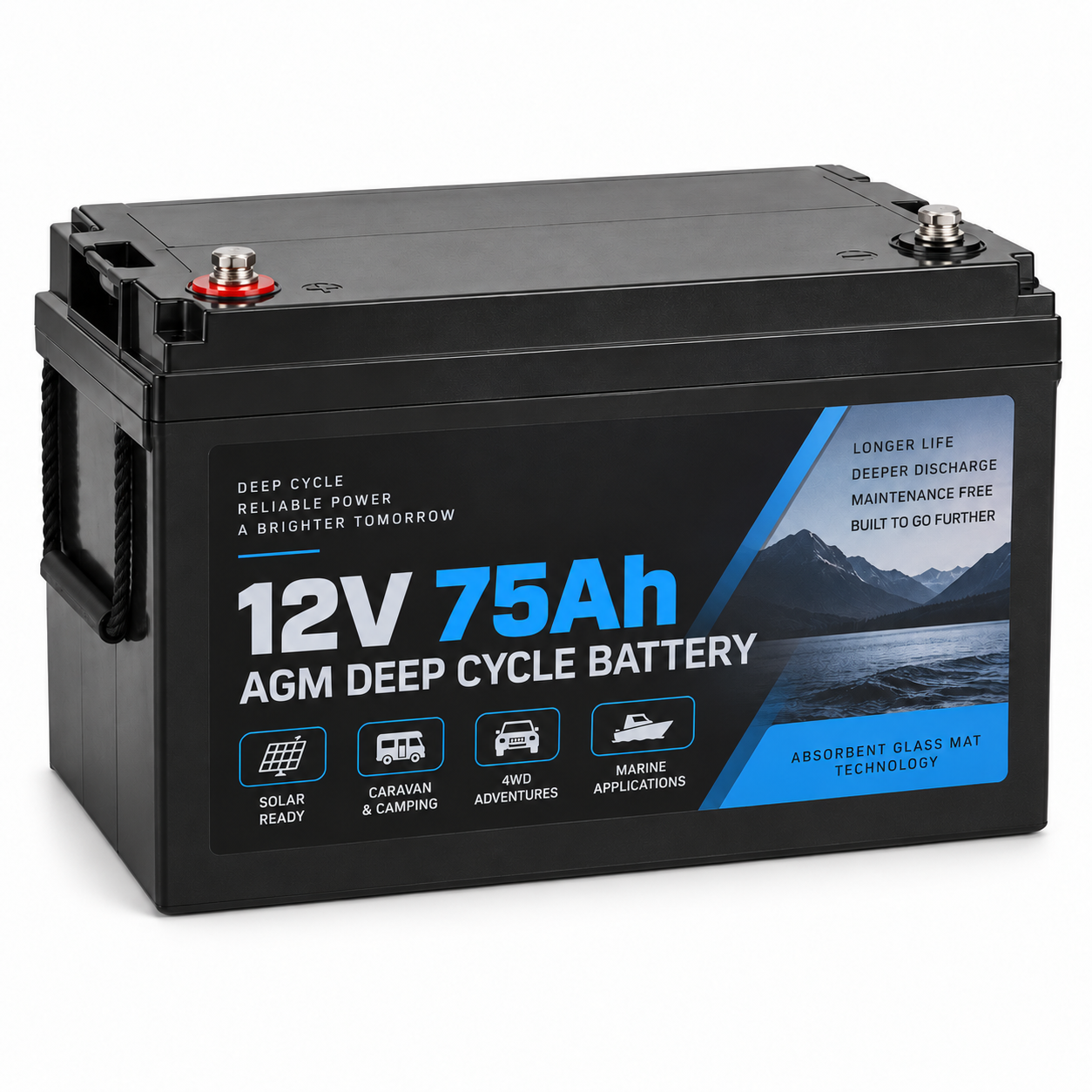 12V 75Ah AGM deep cycle battery for solar caravan camping and marine use