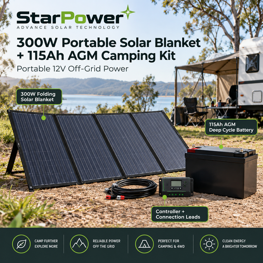 300W portable solar blanket kit with 115Ah AGM deep cycle battery, solar controller and connection leads