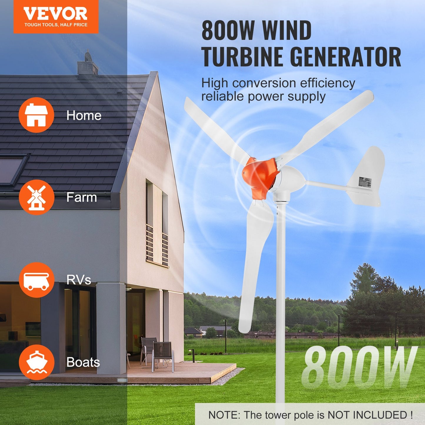 800W Wind Turbine Generator, 12V Wind Turbine Kit, 3-Blade Wind Power Generator with MPPT Controller