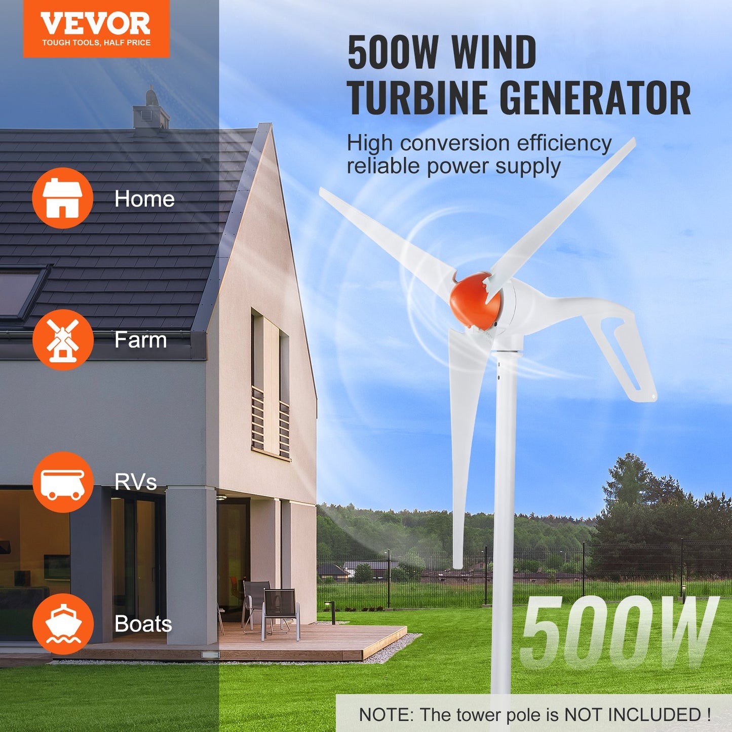 500W Wind Turbine Generator, 12V Wind Turbine Kit, 3-Blade Wind Power Generator with MPPT Controller
