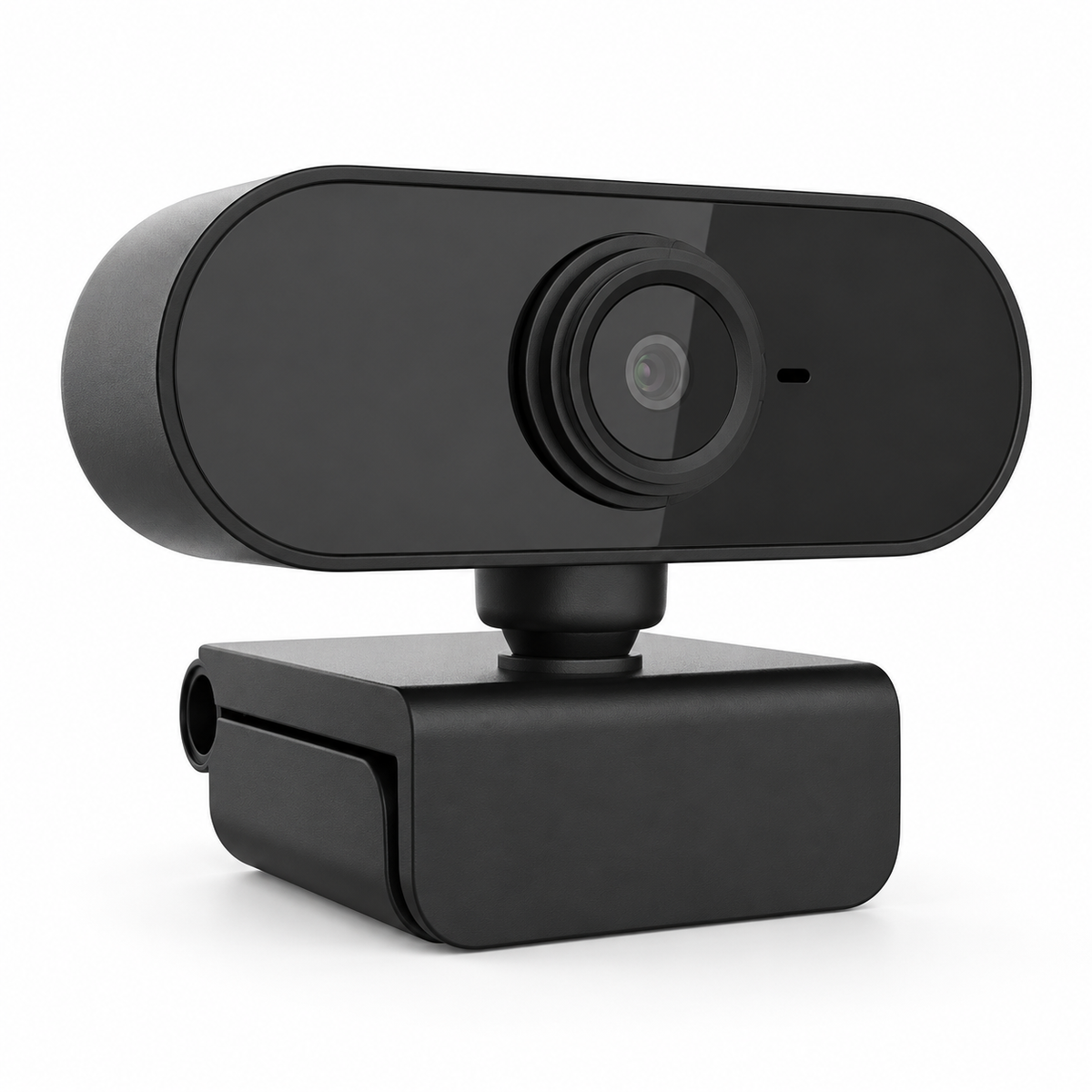 Black USB HD webcam with monitor clip on white background