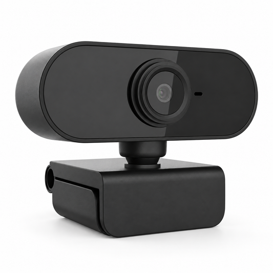 Black USB HD webcam with monitor clip on white background