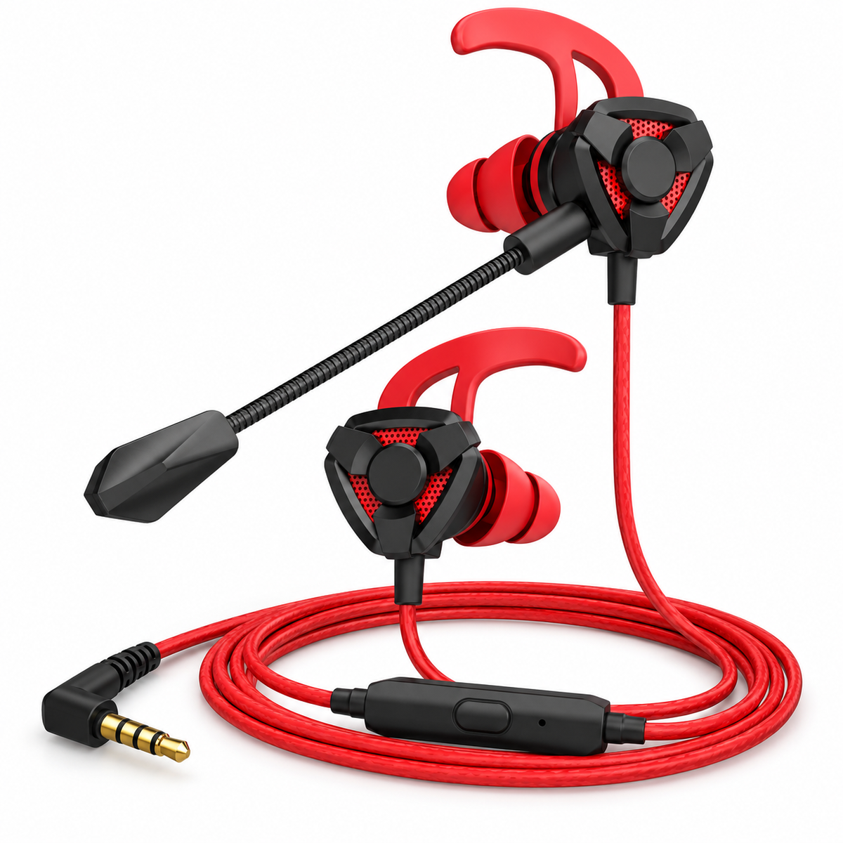 Red and black wired gaming earbuds with boom microphone